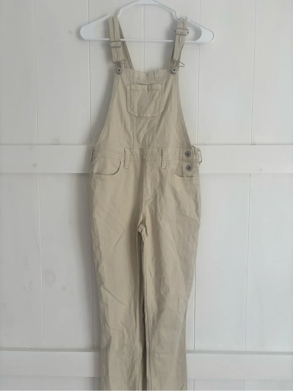 Abercrombie Cream Utility Overalls with Leather Logo Patch